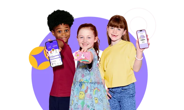 Children showing their GoHenry card and money app in official provider artwork